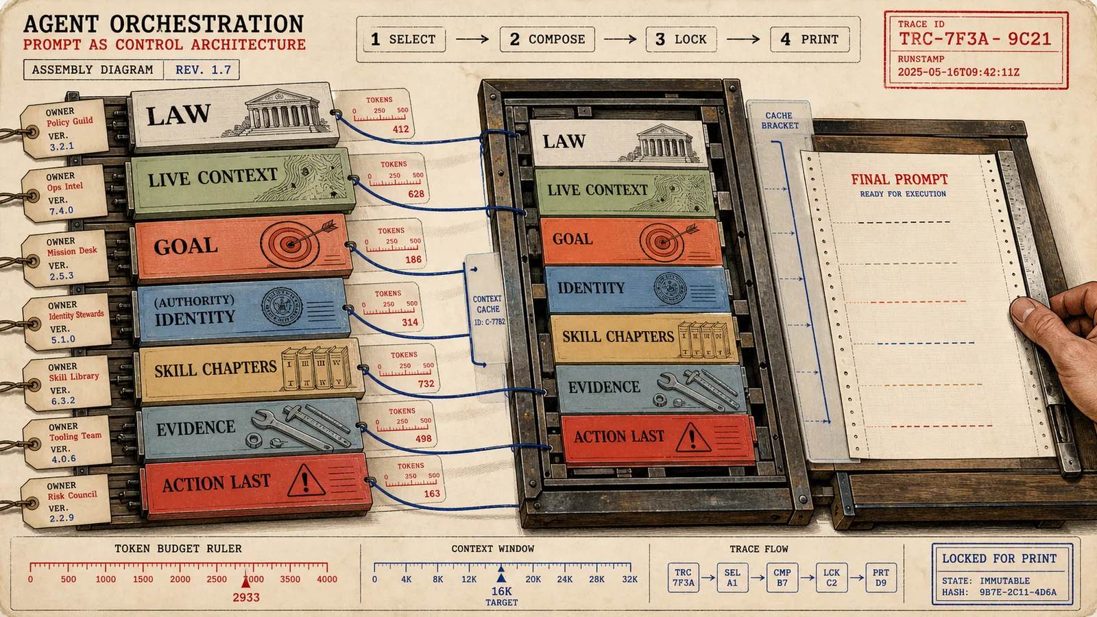 Prompt print shop assembling laws, live context, goal, identity, skill chapters, evidence, and action-last constraints