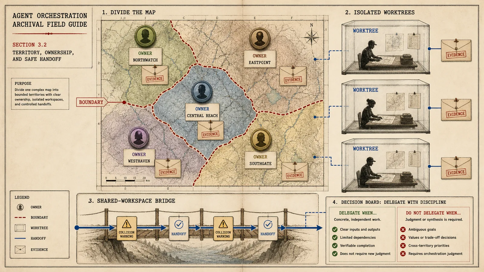 Lead cartographer dividing bounded agent territories with owners, worktrees, handoffs, and evidence envelopes