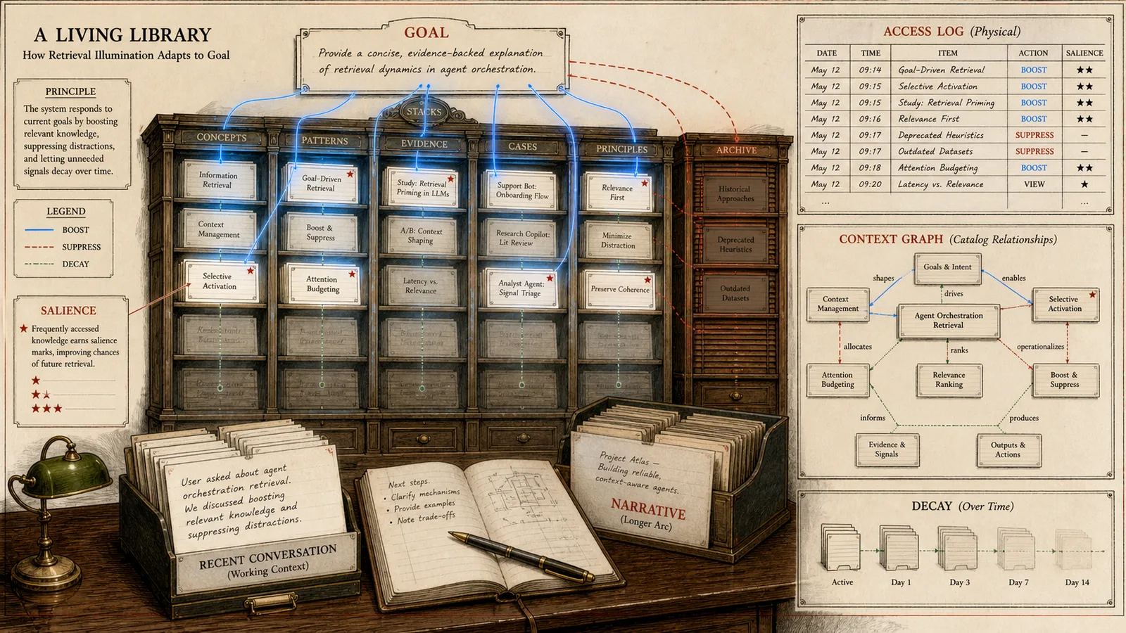 Living library where the current goal boosts and suppresses shelves while salience, access logs, decay, and narrative memory change retrieval