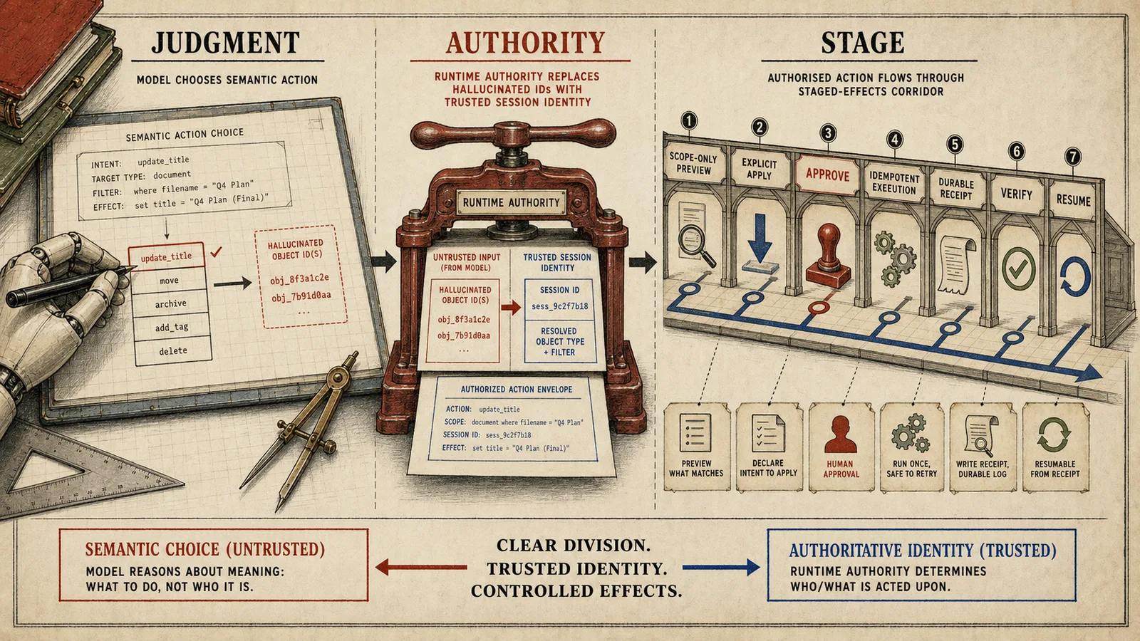 Model semantic judgment passing through authoritative identity replacement into staged, approved, verified, resumable effects