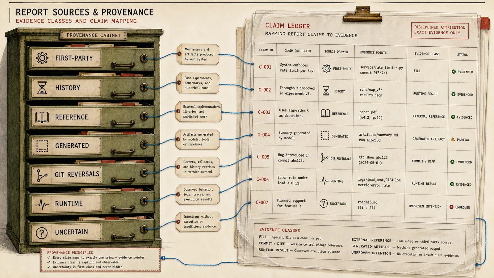 Provenance cabinet separating first-party mechanisms, history, references, runtime evidence, and uncertainty into a claim ledger