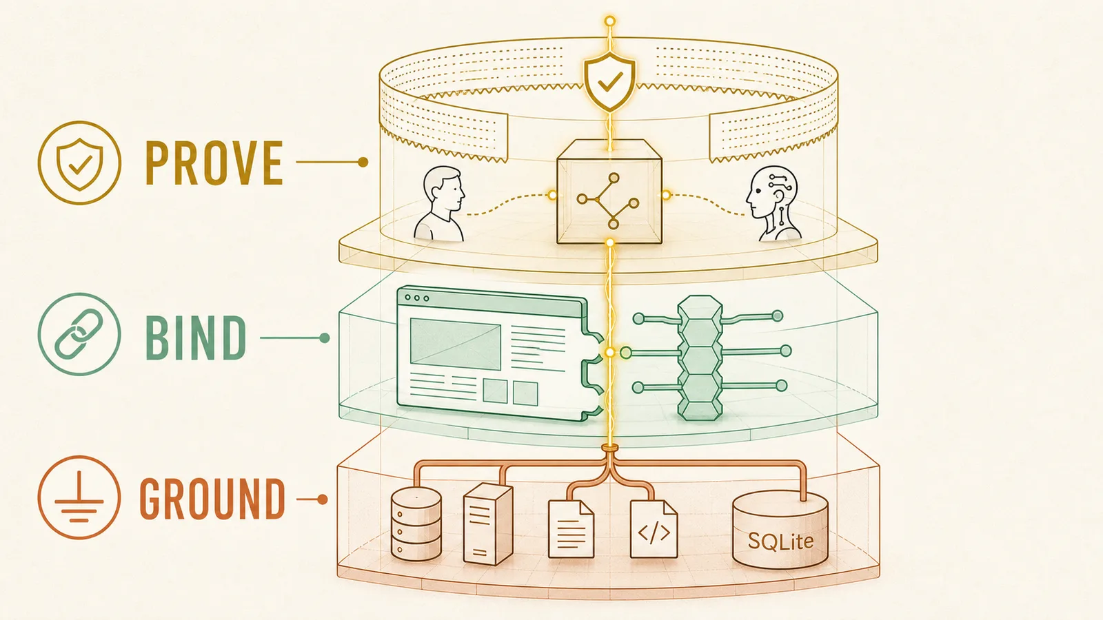 Three-layer infographic showing real sources grounding an HTML and OpenLang binding layer, then a governed object shared by a human and an AI with proof above it.