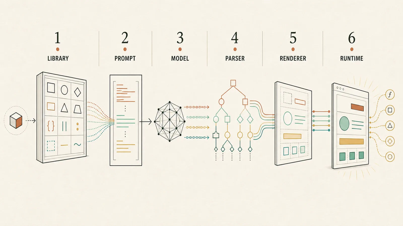 Six-stage infographic showing an OpenUI component library becoming a prompt, model output, parsed structure, renderer, and live runtime.