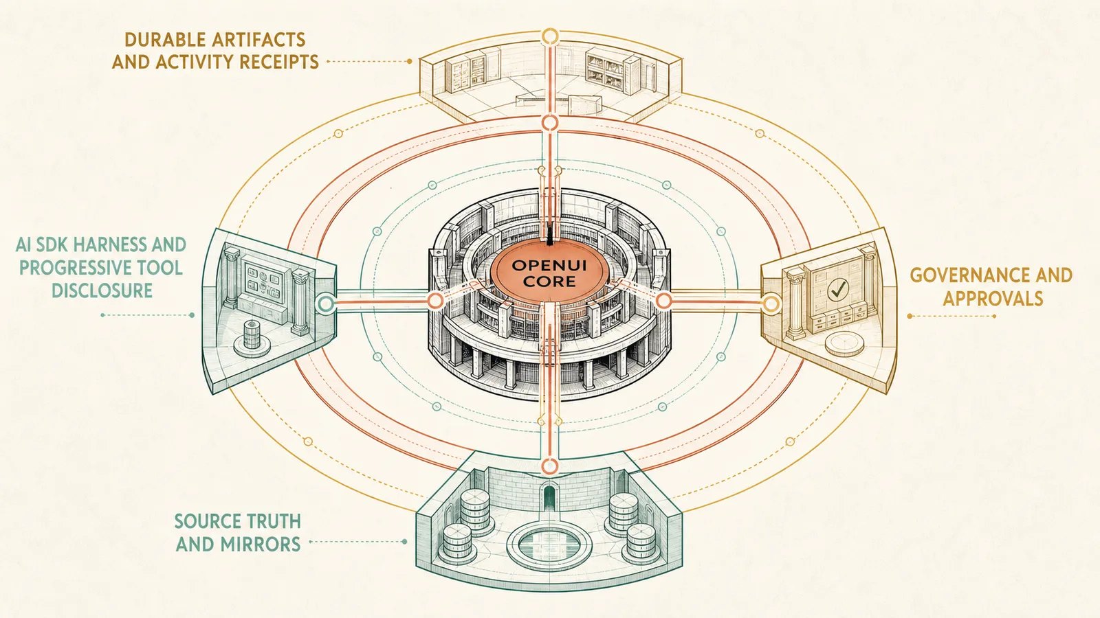 Concentric architecture infographic with the OpenUI core surrounded by source truth and mirrors, AI SDK harness and progressive tool disclosure, governance and approvals, durable artifacts, and activity receipts.