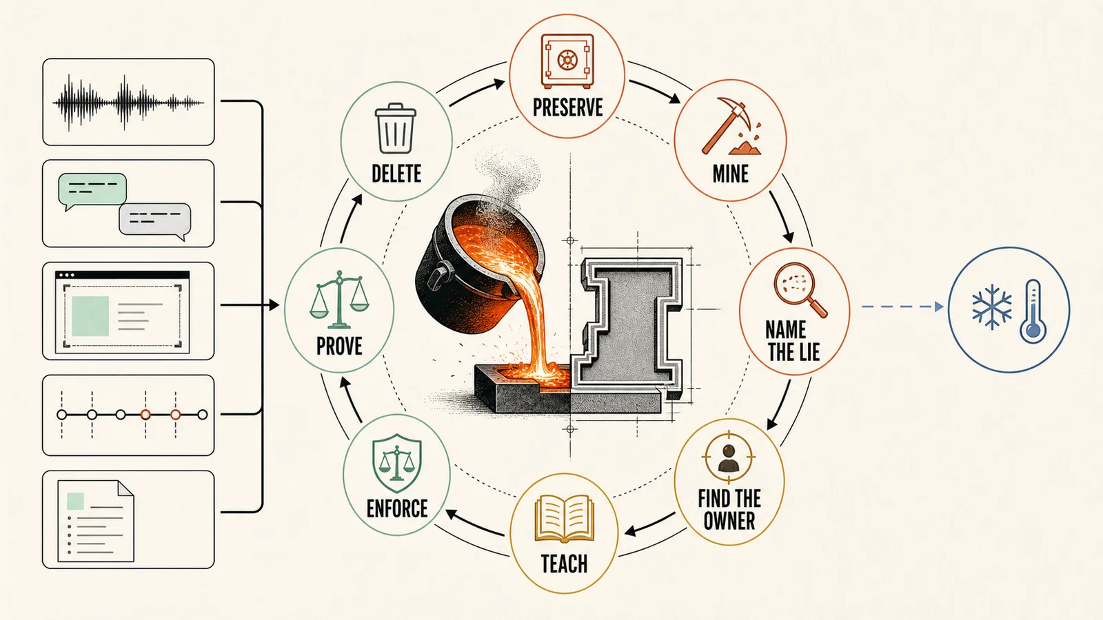 Circular foundry infographic showing voice, conversations, screenshots, traces, and audits passing through preserve, mine, name the lie, find the owner, teach, enforce, prove, and delete stages to become a typed product boundary.