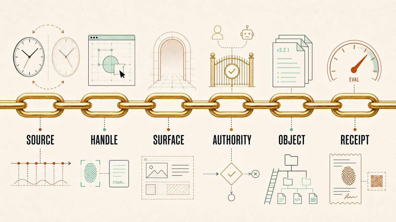 Golden chain infographic connecting source, handle, surface, authority, object, and receipt, with mirror, HTML, approval, versioning, human and AI, filesystem, and evaluation symbols around it.
