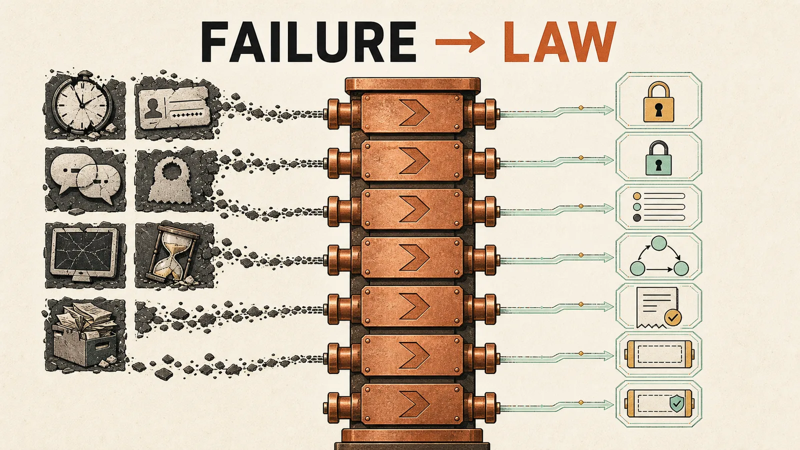 Infographic showing rough failures such as stale state, duplicate output, timeout, and context bloat entering typed mechanical dies and emerging as locks, state machines, bounded packets, and receipts.