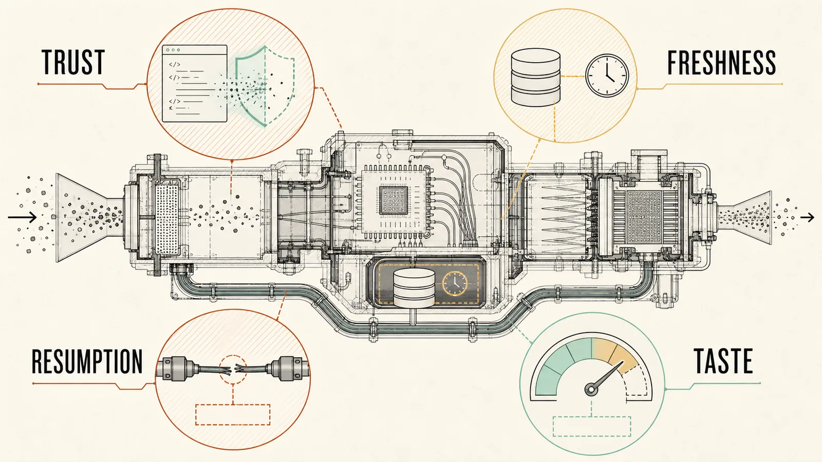Engineering x-ray infographic identifying trust, freshness, resumption, and taste as four repair zones inside an otherwise coherent generative interface system.