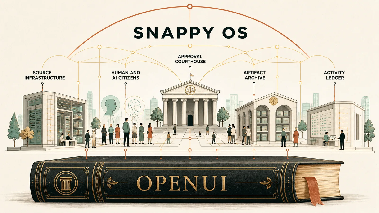 Editorial infographic showing an OpenUI constitution supporting a Snappy OS society with source infrastructure, approval courthouse, artifact archive, activity ledger, and human and AI citizens.