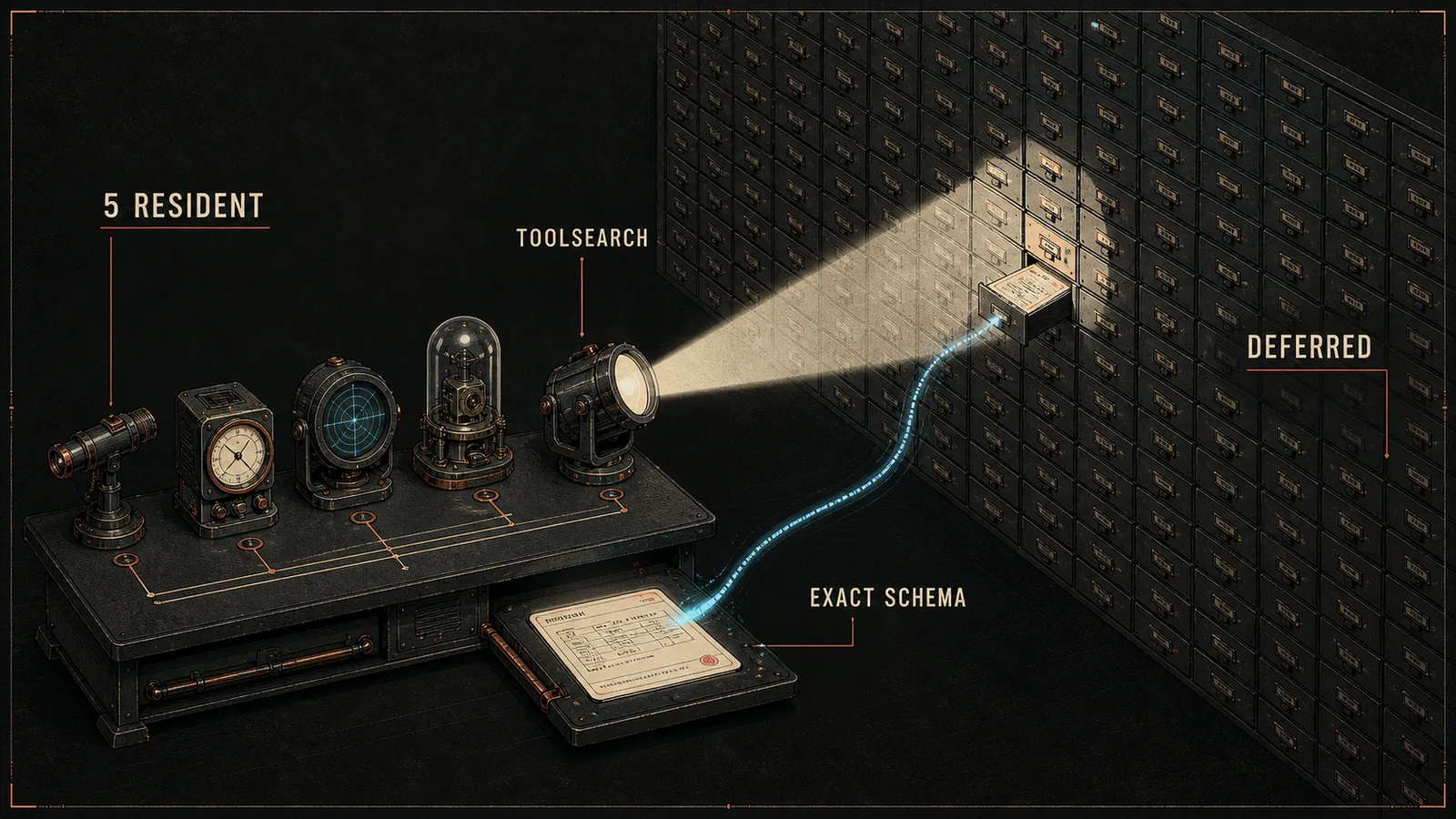 Five resident instruments beside a large deferred capability archive searched for one exact schema