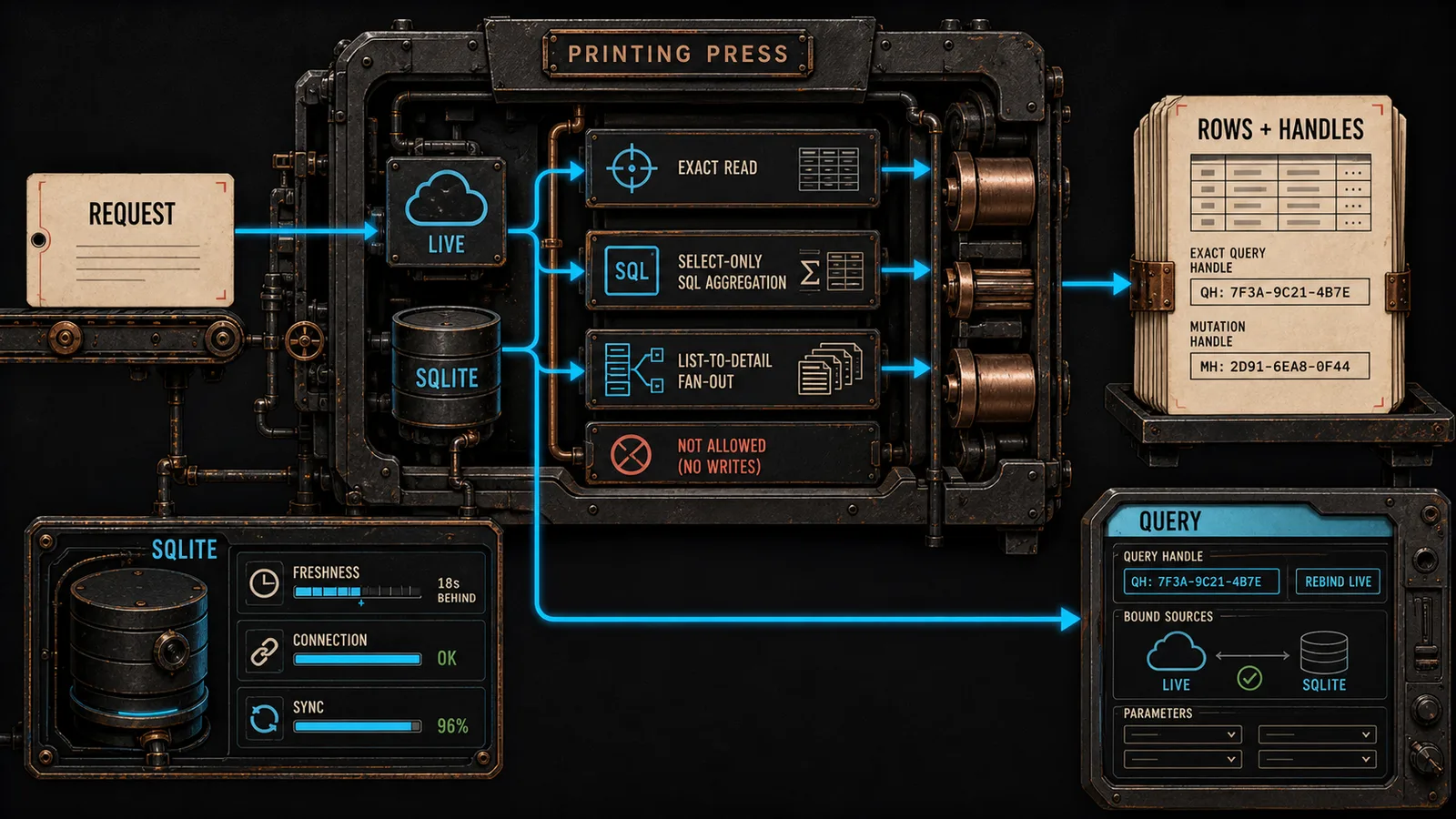 Printing Press routing a natural request through live or SQLite reads and emitting bounded rows plus exact handles