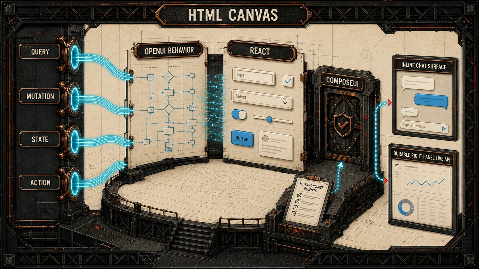 HTML canvas receiving OpenUI Query, Mutation, State, and Action behavior through React portals before a guarded ComposeUI exit
