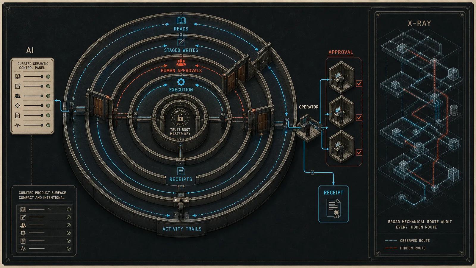Concentric AI, operator, approval, and master-key authority planes beside a whole-route x-ray and receipt trail