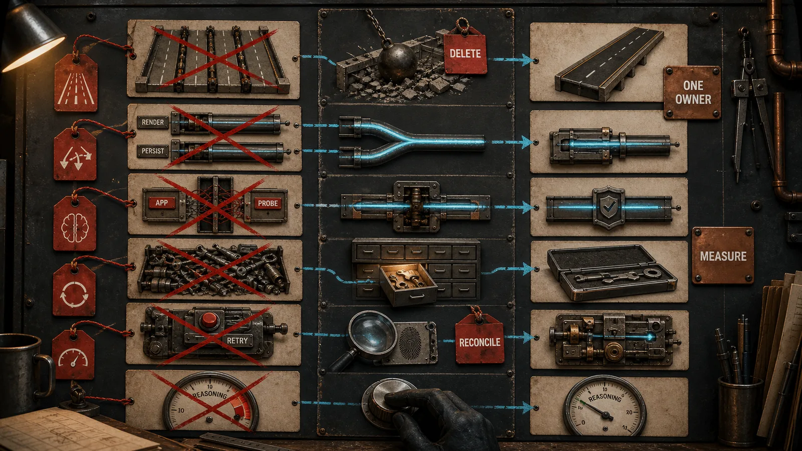 Forensic wall of deleted mechanisms and enforceable replacements including one owner, measurement, and reconciliation