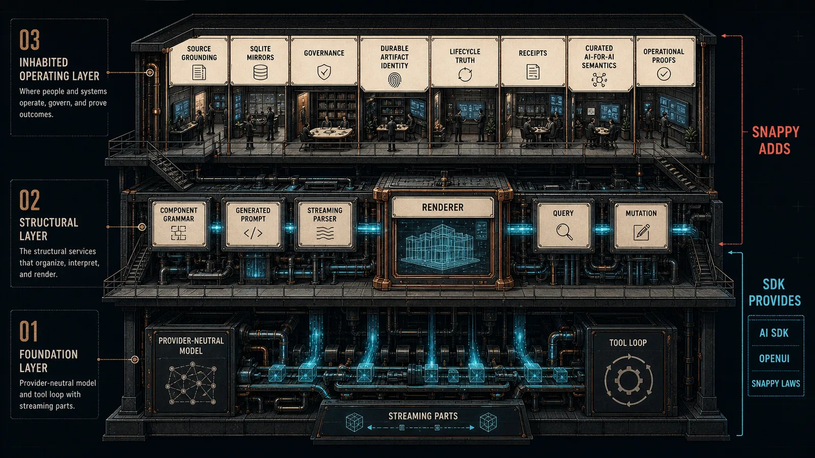Three-layer architectural cutaway showing AI SDK foundation, OpenUI middle layer, and Snappy operating laws above