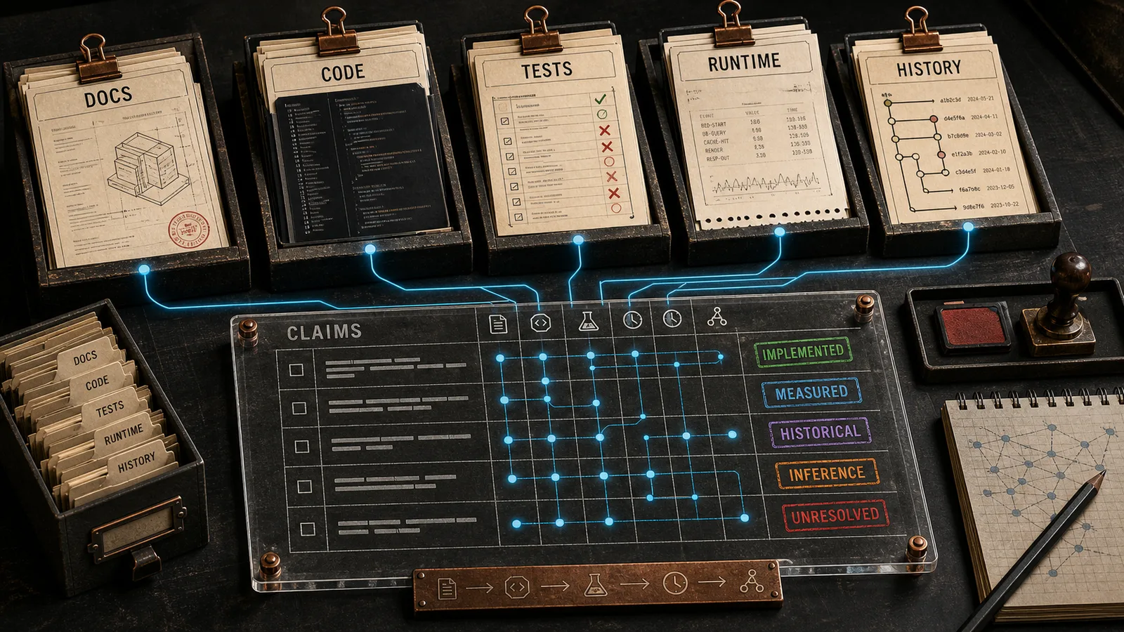 Evidence table mapping docs, code, tests, history, and runtime records into a claim ledger